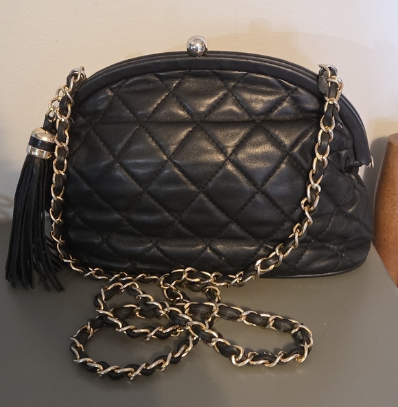 First Edition Handbags - A Chanel Vibe Black Genuine Leather Quilted Diamond Purse W Tassel
